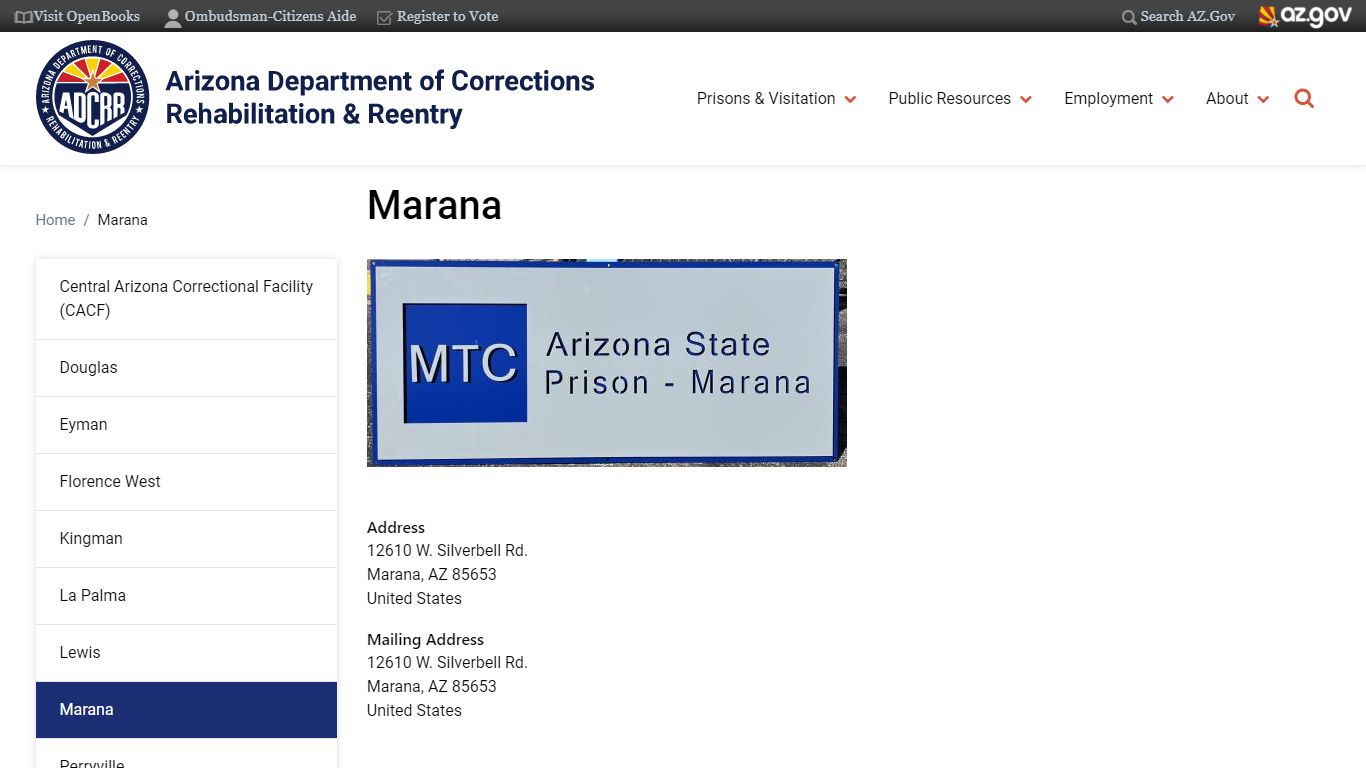 Marana | Arizona Department of Corrections, Rehabilitation & Reentry